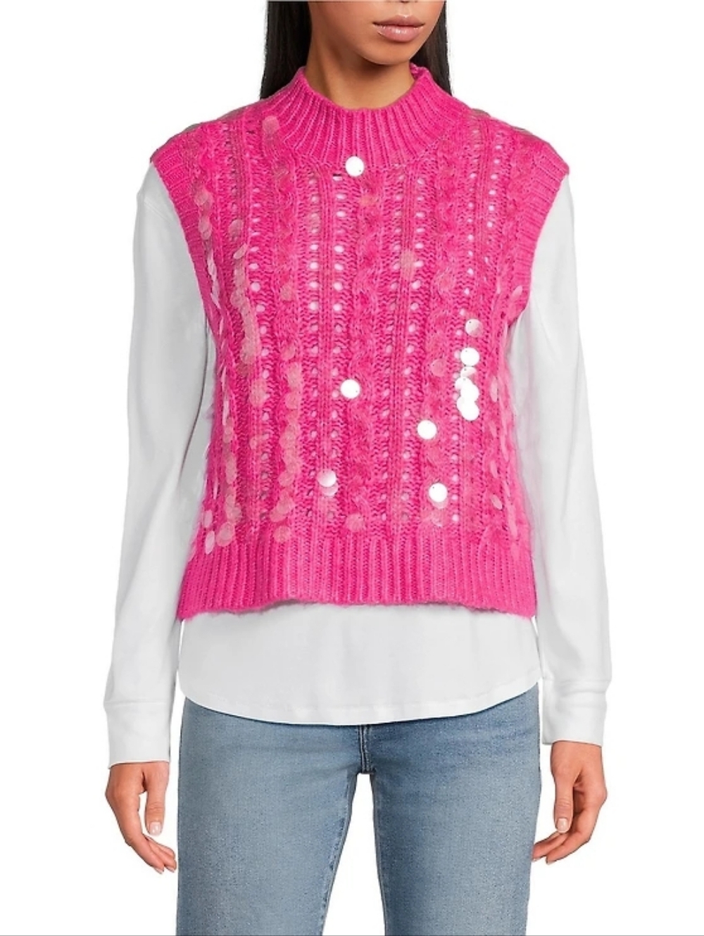 NWT Anna & Ava Hot Pink Cable Knit Sequin Sweater Vest Poncho Size S/M